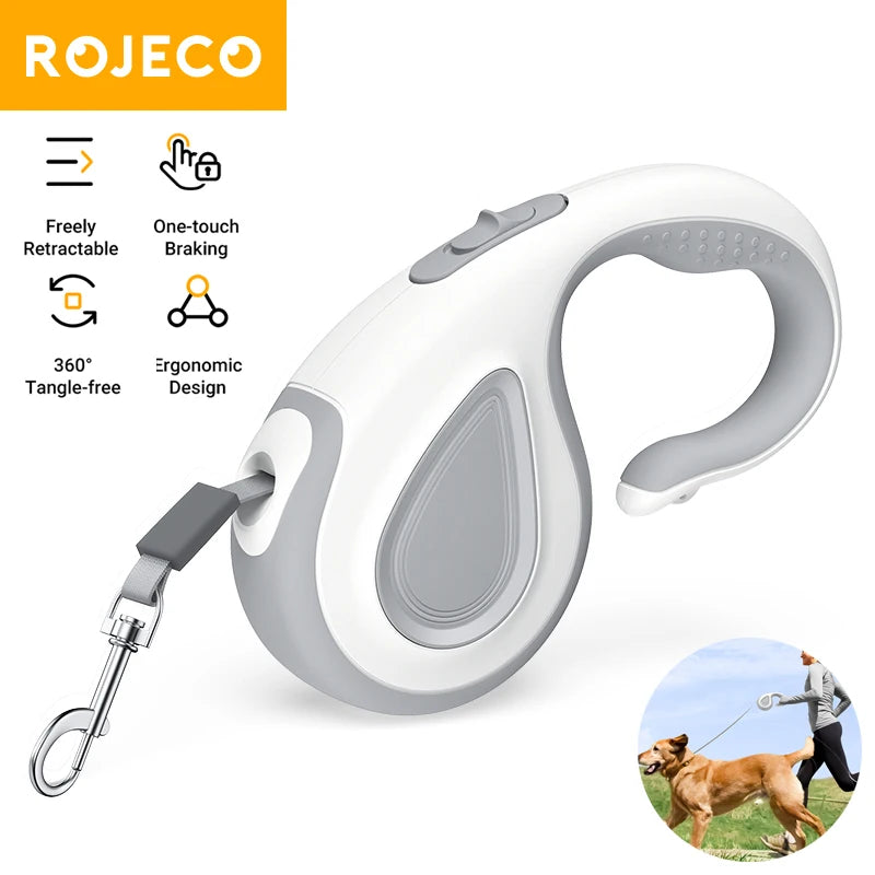 Ergonomic retractable dog leash ROJECO | 5 m, tangle-free, with one-touch brake | Durable leash for pets up to 35 kg
