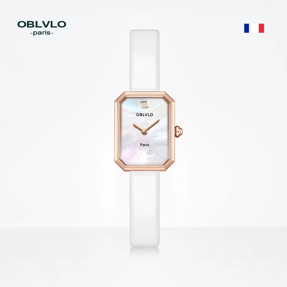 OBLVLO women's quartz watch, rose gold case, leather strap, malachite dial with diamond surface and sapphire crystal.
