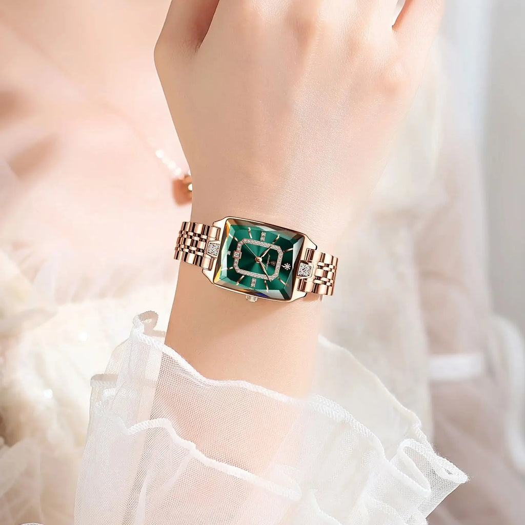 POEDAGAR Emerald Royale – Women’s Luxury Stainless Steel Quartz Waterproof Calendar Watch