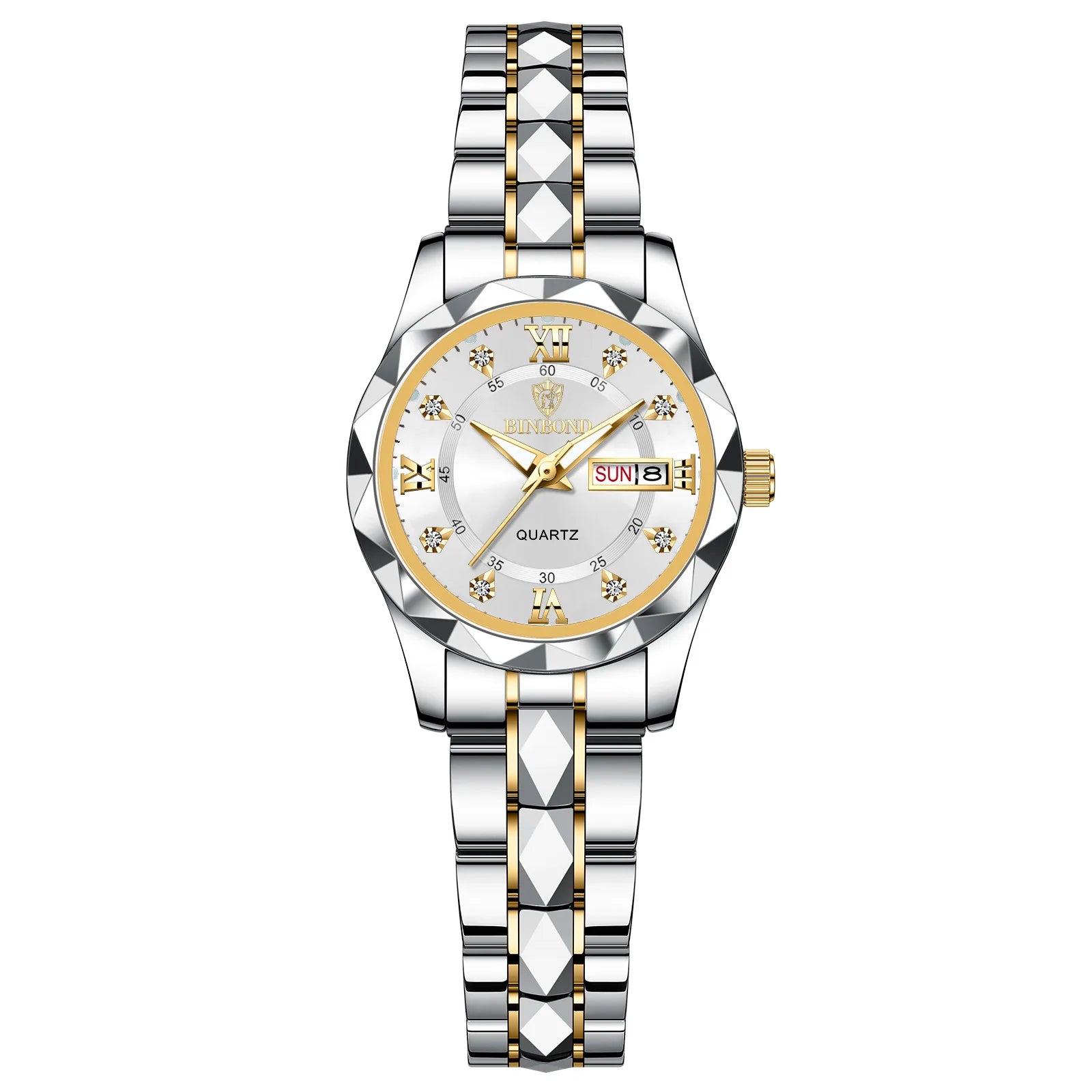BINBOND B2522 Women's Quartz Watch | Tungsten Steel Two-Tone Bracelet | Diamond-Cut Bezel | Day/Date