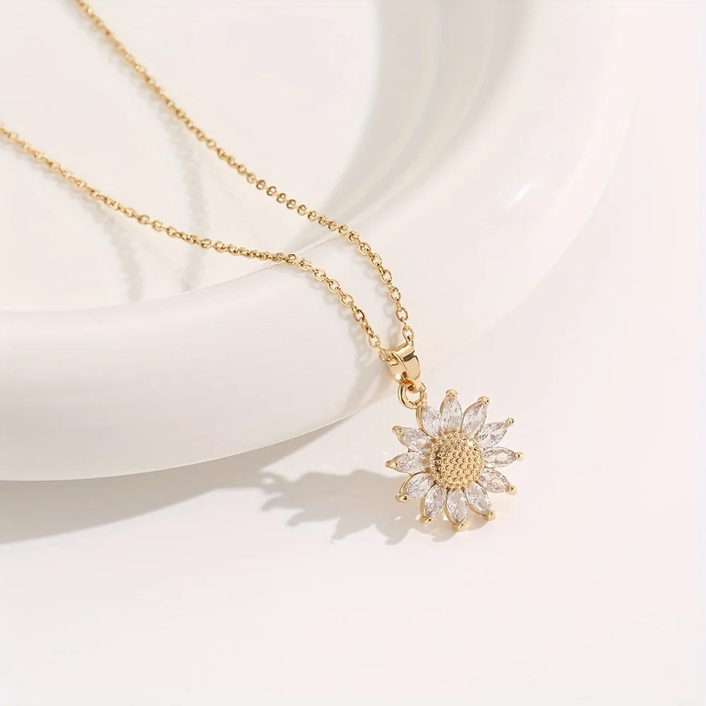 Sunflower Solitaire Pendant Necklace | Gold Plated CZ Petals | Delicate Women's Birthday Gift Jewellery