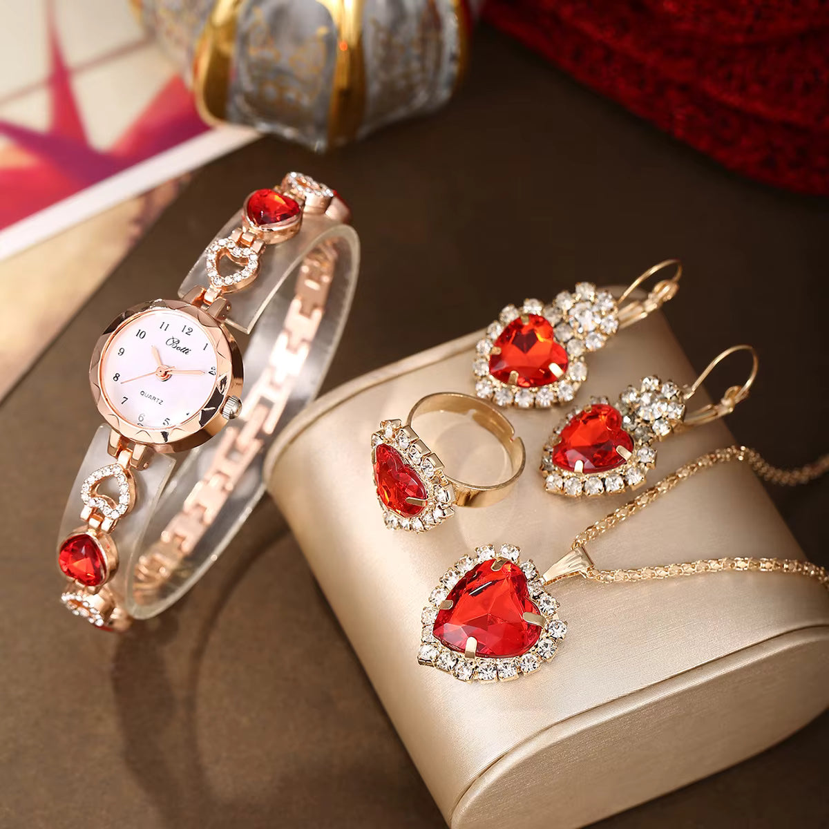 Premium Women's 4-Piece Set 2025 – Quartz Watch, Necklace, Ring and Earrings with Crystals