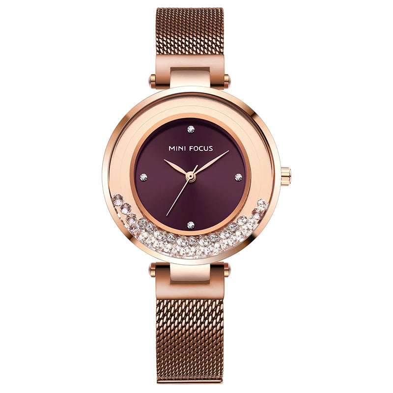 MINI FOCUS MF0254L Women's Quartz Watch | Floating Rhinestone Dial | Rose Gold Mesh Band | Luxury Style