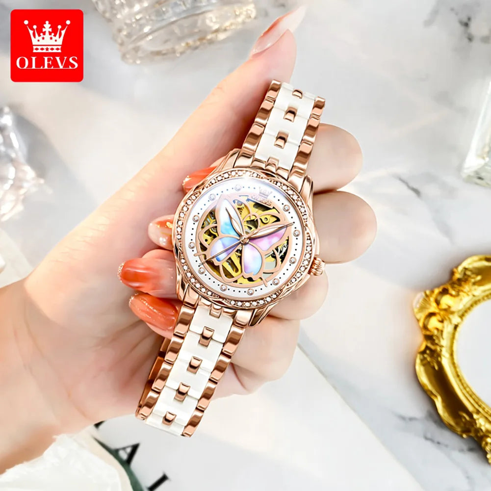 OLEVS 6615 Women's Automatic Watch | Butterfly Skeleton Dial | Rose Gold & Ceramic Bracelet | Rhinestone Bezel