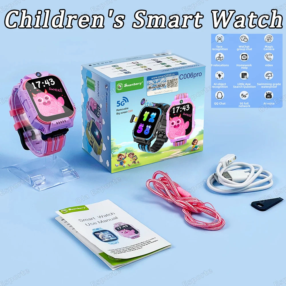 Smartwatch with SOS, GPS, 5G for kids, location tracking, SIM card calls, camera, video calls, and waterproof.