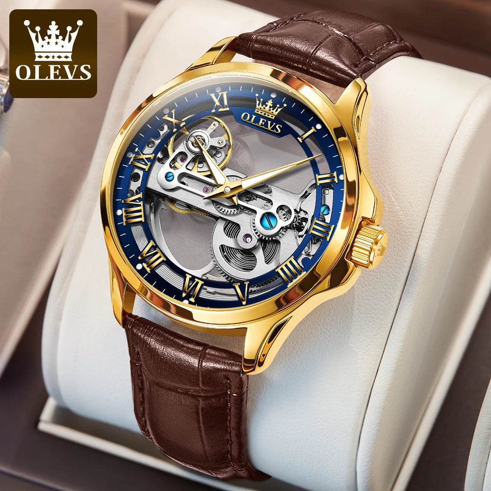 OLEVS 6661 Luxury Skeleton Mechanical Watch – Hand-Wound | Stainless Steel Case | Luminous Display | 3ATM Waterproof | Leather Strap