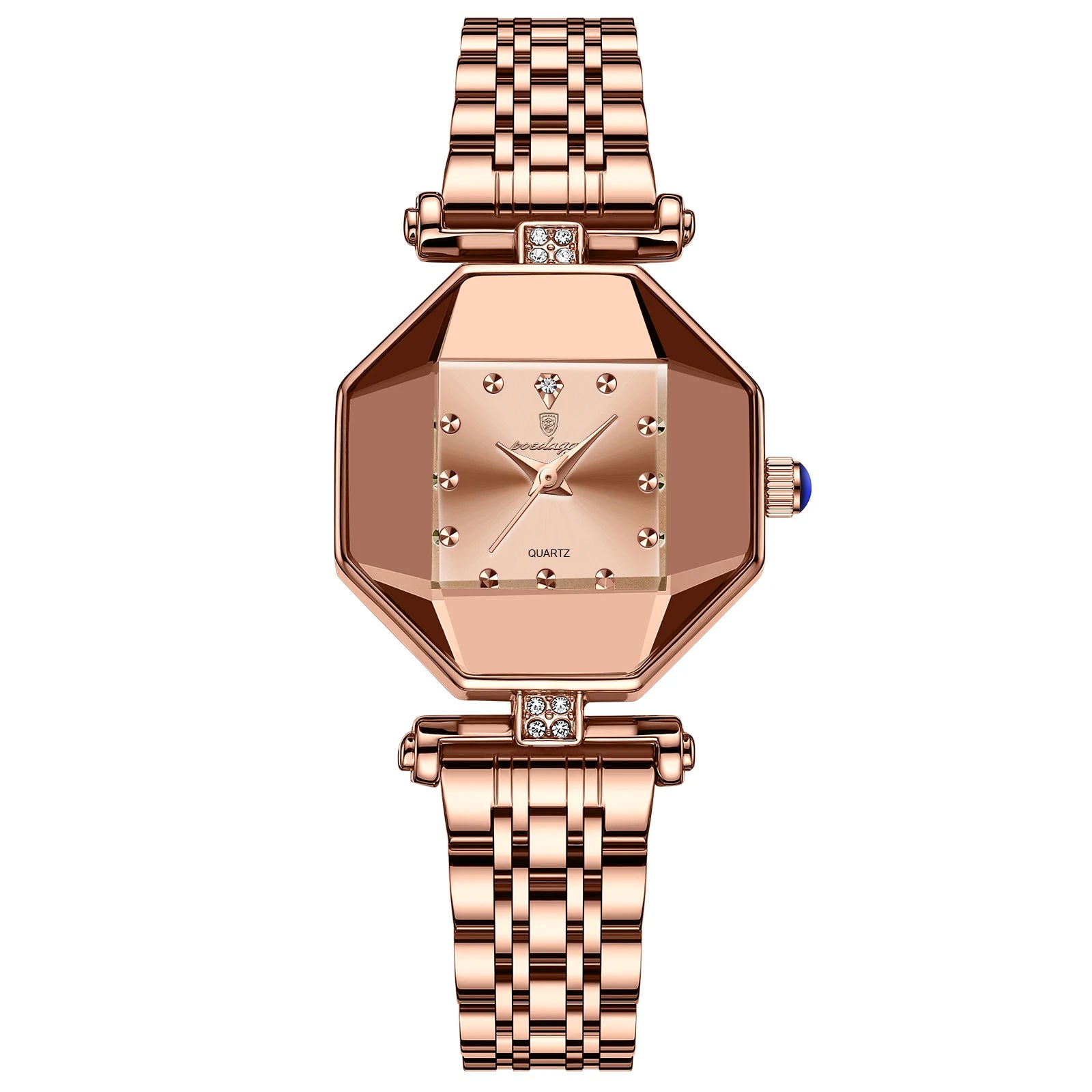 POEDAGAR 368 Women's Quartz Watch | Rose Gold Octagon Case | Ruby Red Dial | Stainless Steel Bracelet | 3ATM