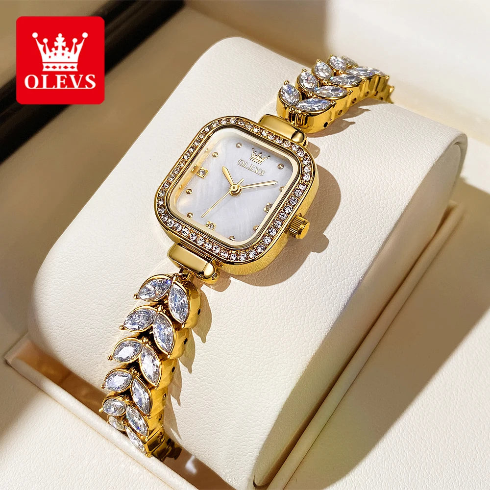 OLEVS 9987 Women's Luxury Quartz Watch | Marquise Gemstone Bracelet | Mother-of-Pearl Dial | Gold Tone Square Case