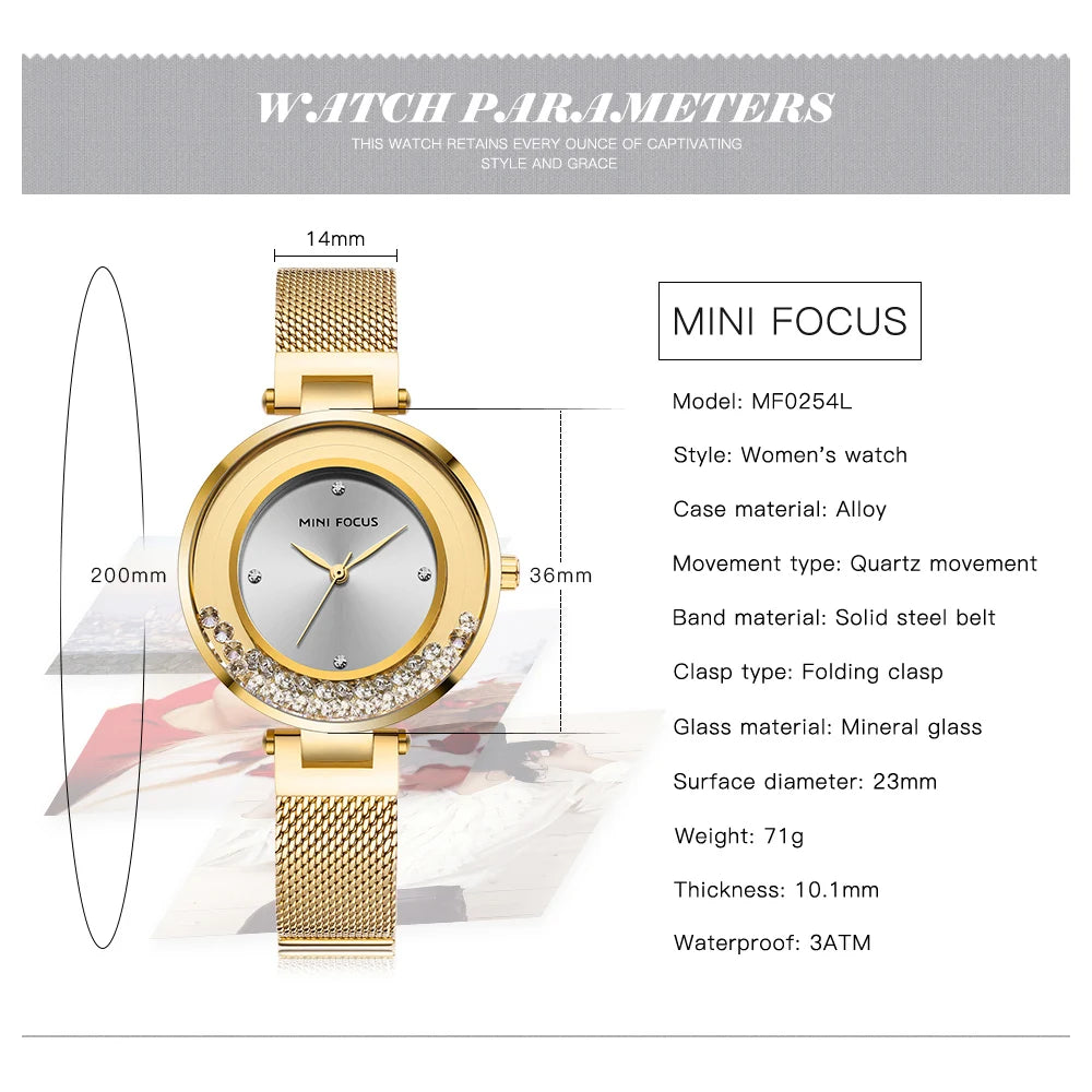 MINI FOCUS MF0254L Women's Quartz Watch | Floating Rhinestone Dial | Rose Gold Mesh Band | Luxury Style