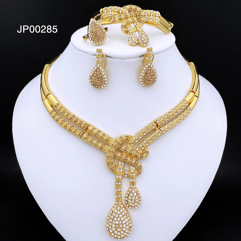 GZJPEI Dubai Gold Plated Jewellery Set | Women's Big Statement Necklace, Bracelet, Earrings & Ring | Party Fashion