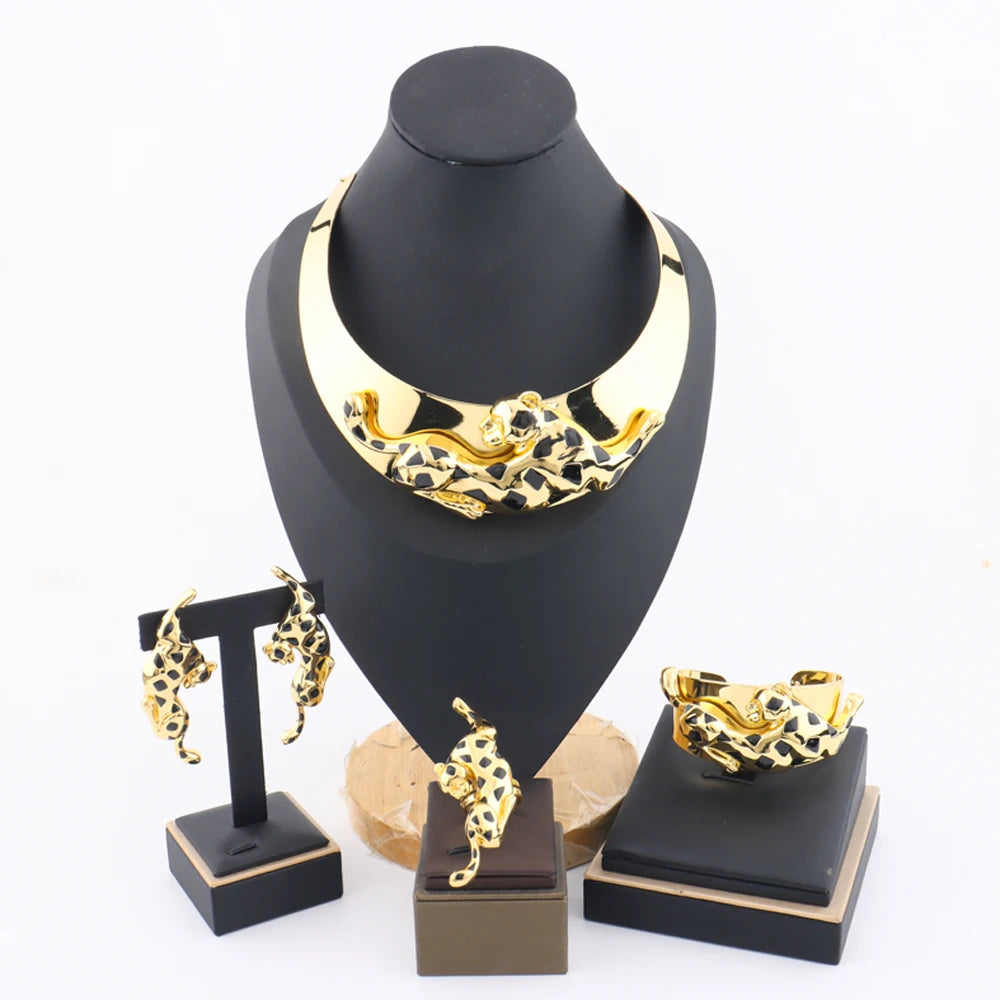 Luxury Leopard 4Pcs Jewellery Set | 24K Vacuum Gold Plated Choker Necklace & Bangle | Nigerian Bridal Statement