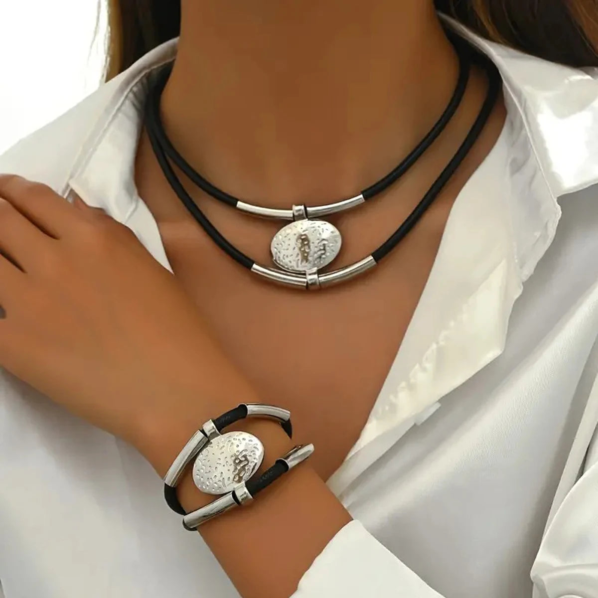 Vintage Faux Leather and Metal Oval Necklace and Bracelet for Women, Gold and Silver, 2 Pieces with Double Layer Chain
