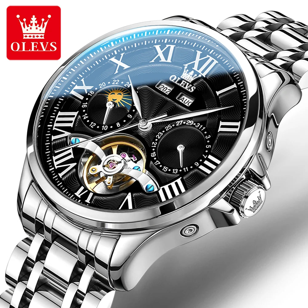 OLEVS 7013 Automatic Mechanical Watch – Moon Phase | Skeleton Dial | Roman Numerals | 3 ATM Water Resistant | Genuine Leather Strap