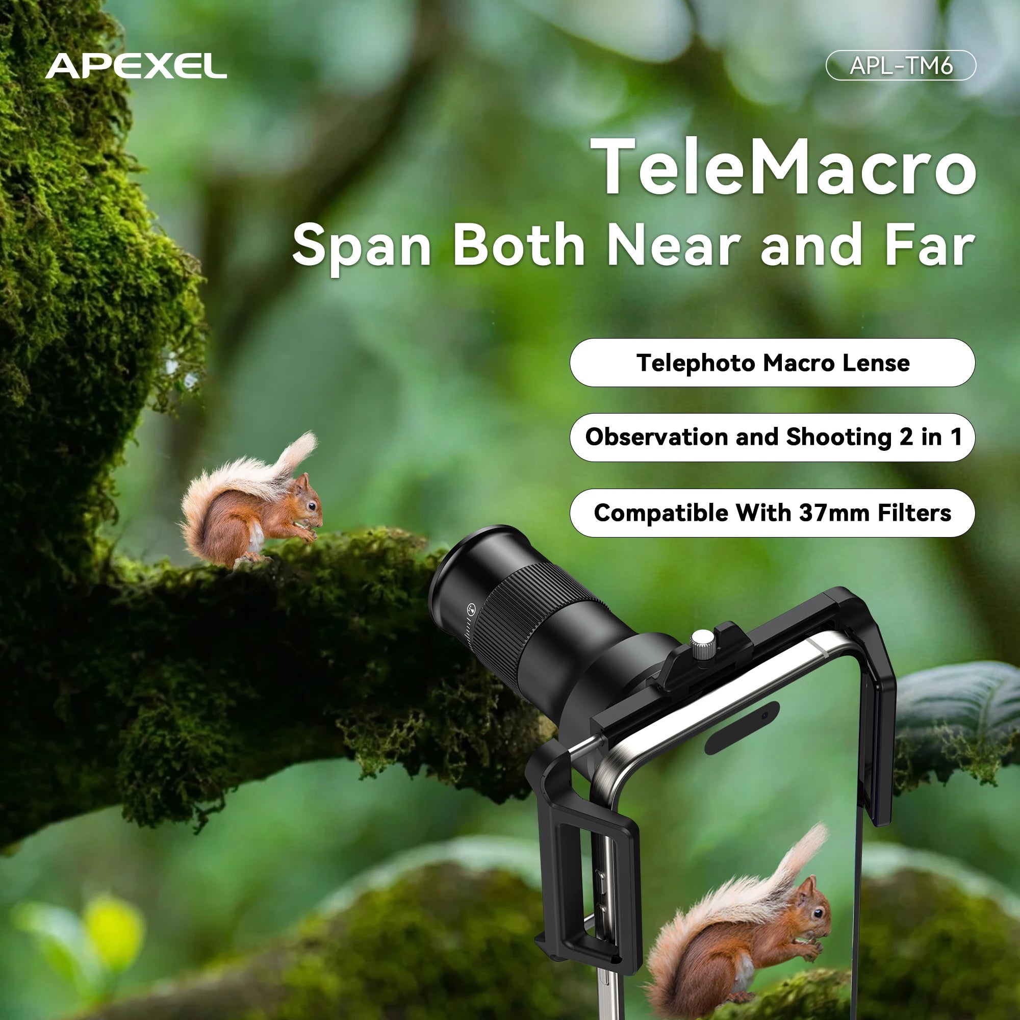 APEXEL 2-in-1 Telephoto Macro Lens Kit | 6X Zoom for Smartphones with 37mm Filter Mount | Universal Mobile Lens Accessories