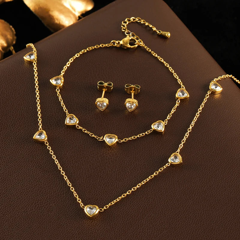 GANEMLY Women's Heart Solitaire Jewellery Set | 316 Stainless Steel Necklace, Bracelet & Studs | Anti-Tarnish