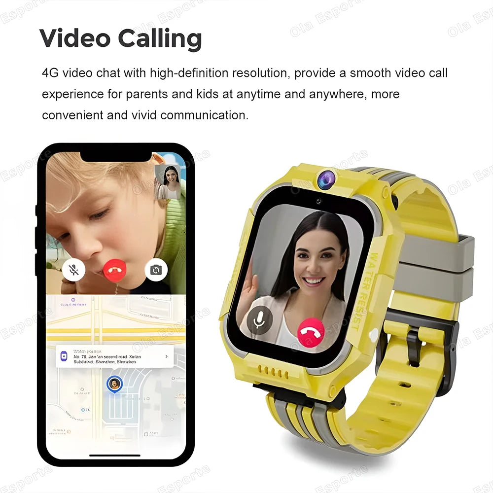 Smartwatch with SOS, GPS, 5G for kids, location tracking, SIM card calls, camera, video calls, and waterproof.