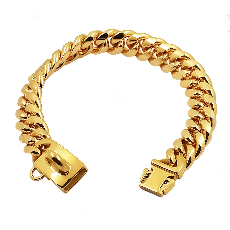 XMSJ Heavy Duty Cuban Link Dog Collar | 304 Stainless Steel, 18K Gold Plated | Quick Release Luxury Chain