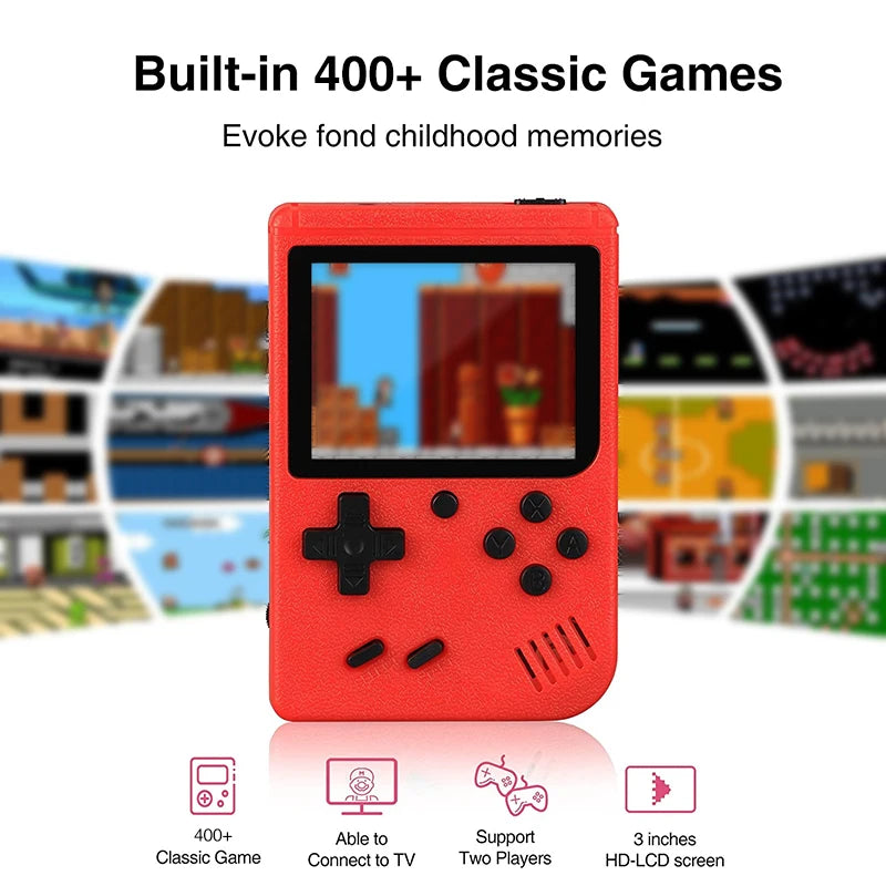 Retro handheld game console with 400 built-in FC games, portable case, 3-inch LCD screen, video game.