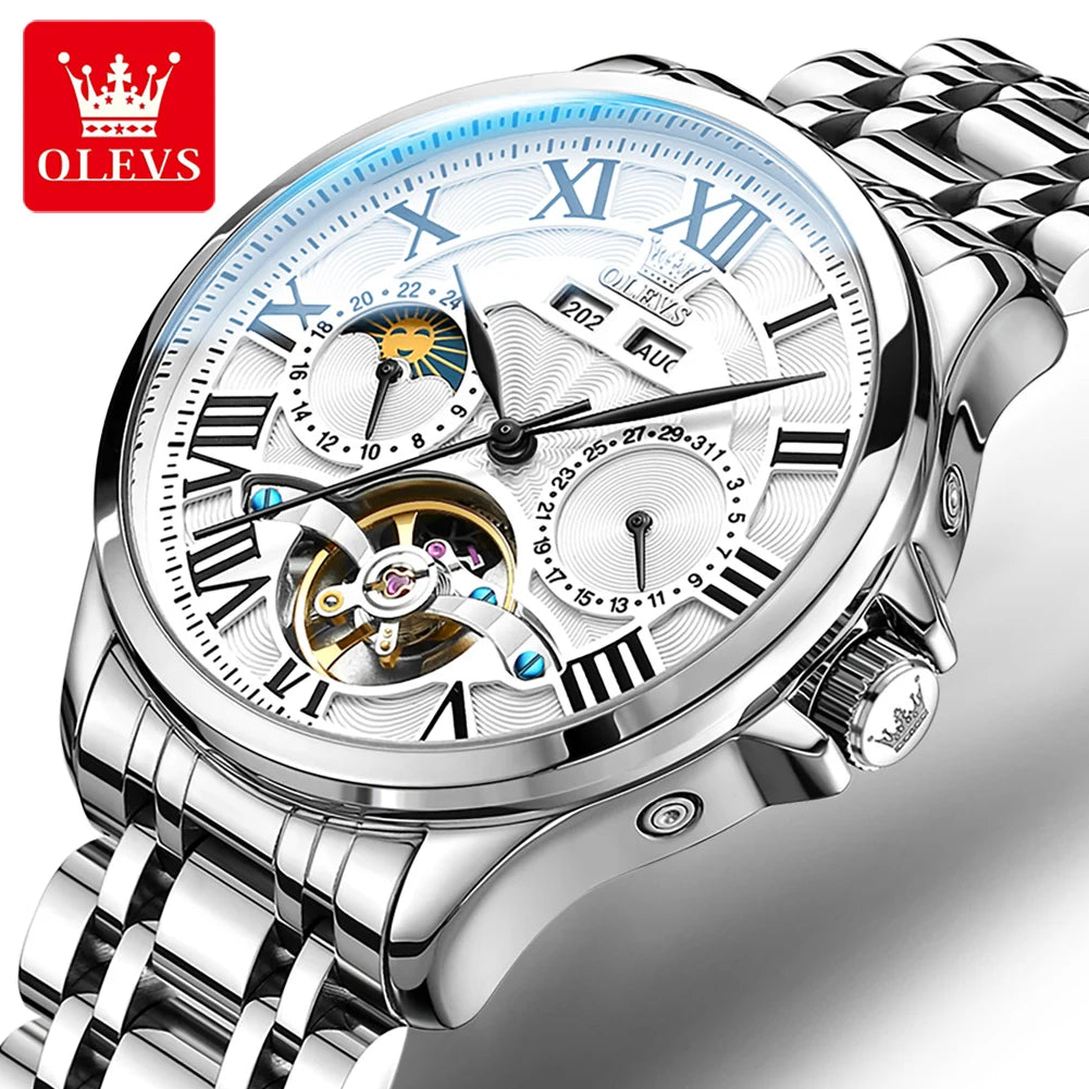 OLEVS 7013 Automatic Mechanical Watch – Moon Phase | Skeleton Dial | Roman Numerals | 3 ATM Water Resistant | Genuine Leather Strap