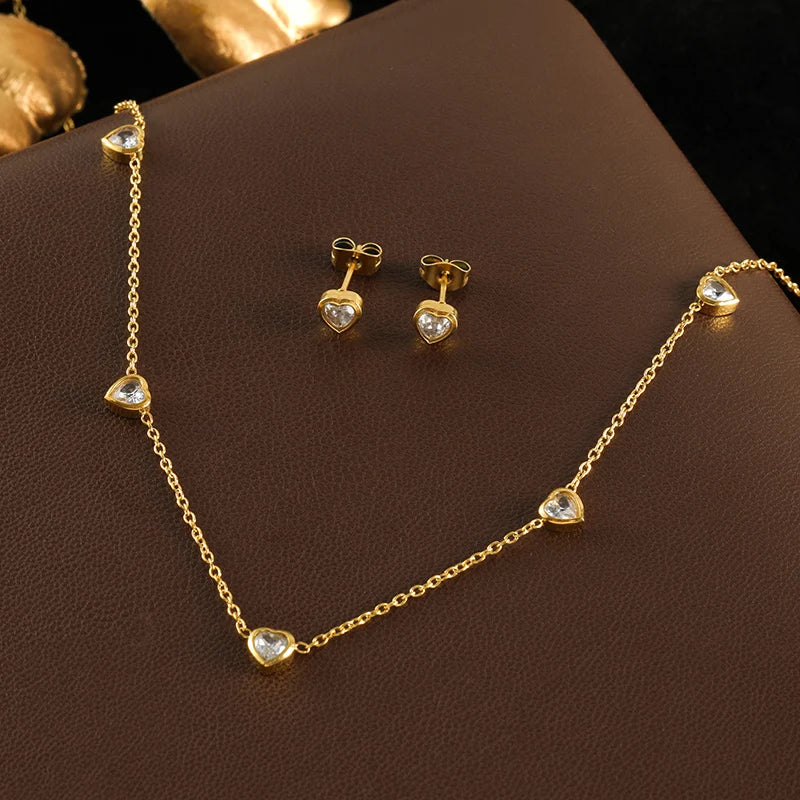 GANEMLY Women's Heart Solitaire Jewellery Set | 316 Stainless Steel Necklace, Bracelet & Studs | Anti-Tarnish
