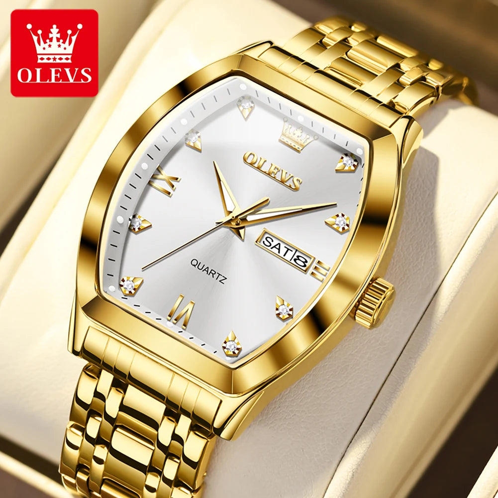 OLEVS 5528 Men's Classic Luxury Watch, Quartz Movement, Luminous, Tonneau-shaped Dial, Top Quality, Water Resistant