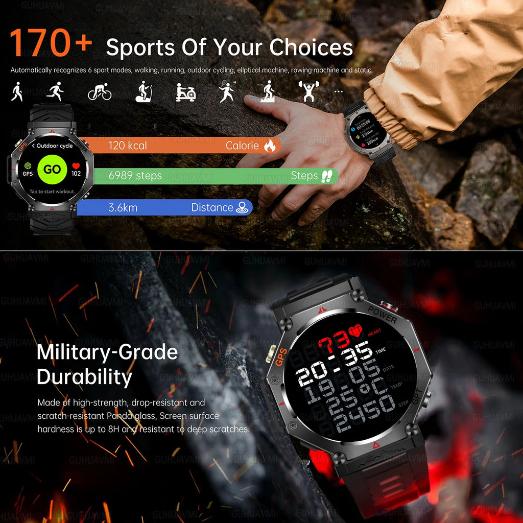 GUHUAVMI Tactical Smartwatch | 10ATM IP69K Waterproof | Dual GPS Tracking | 30-Day Standby | Compass & Flashlight