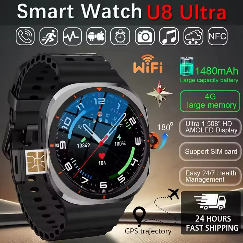 Smartwatch Ultra 8 4/5G, HD 480x480 screen, Heart Rate Monitoring, Camera, NFC, GPS, Compass and 1480mAh Battery.