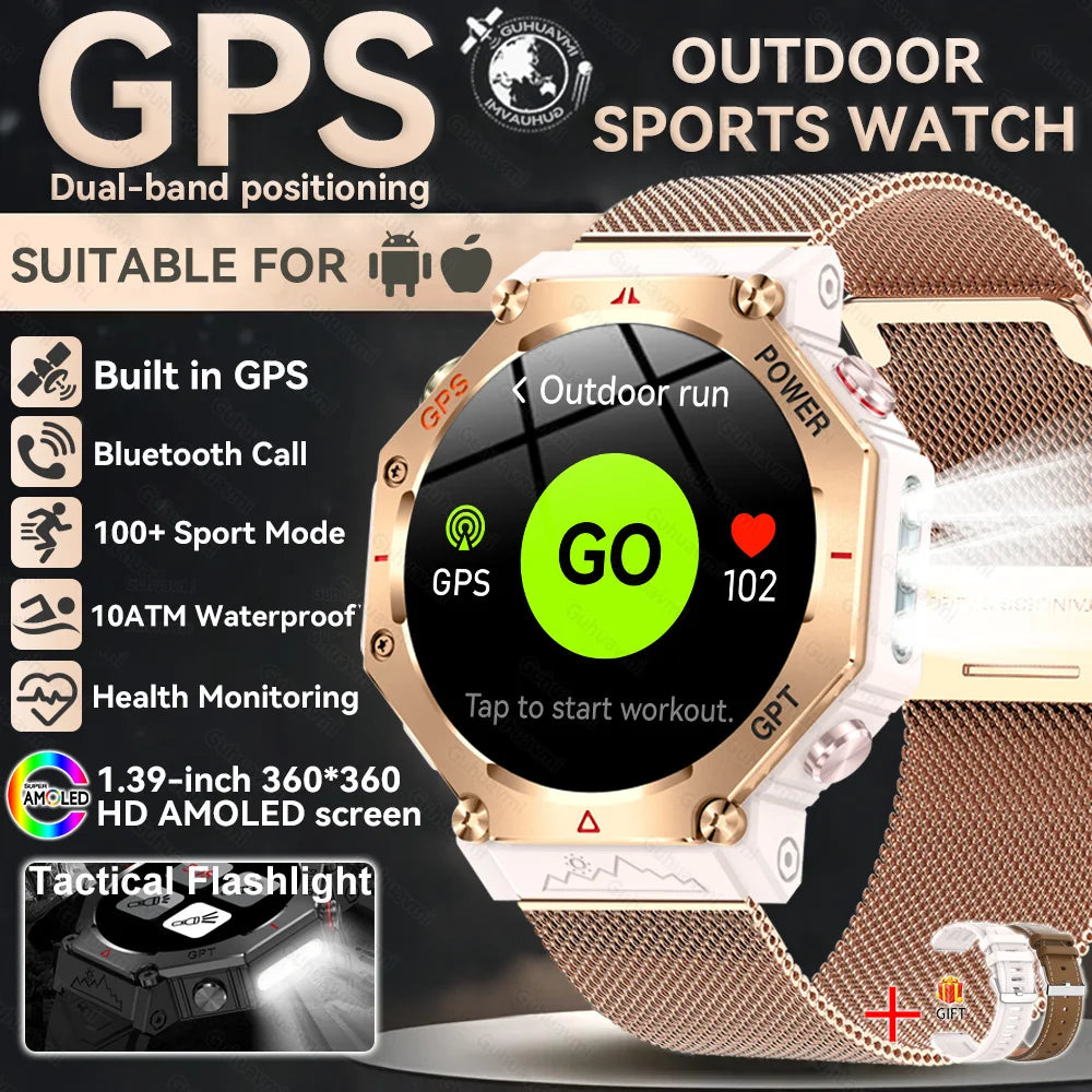 GUHUAVMI Tactical Smartwatch | 10ATM IP69K Waterproof | Dual GPS Tracking | 30-Day Standby | Compass & Flashlight