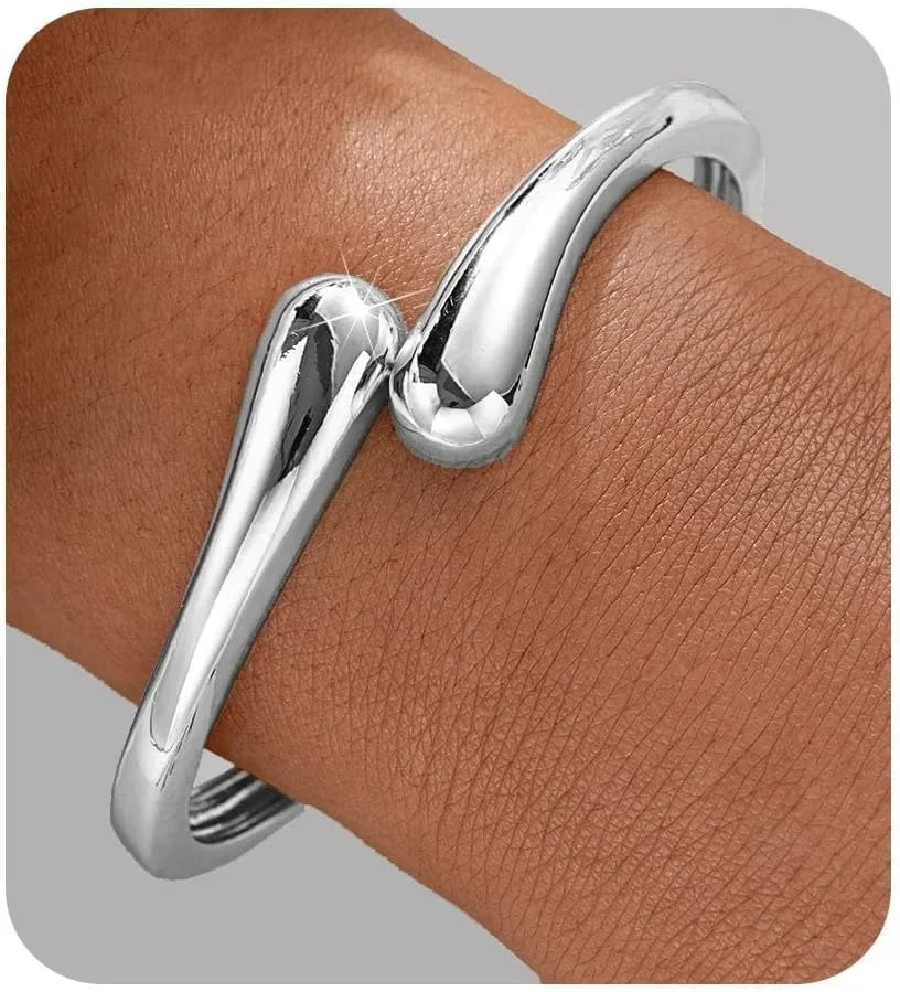 Women's Gold Plated Cuff Bangle | Sculptural Teardrop Open Bracelet | Minimalist Fluid Statement Jewellery