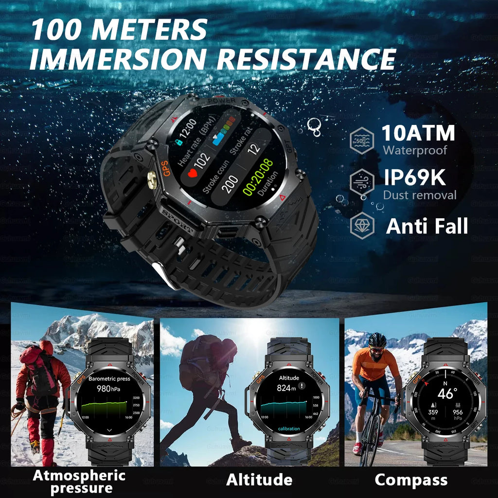 GUHUAVMI Tactical Smartwatch | 10ATM IP69K Waterproof | Dual GPS Tracking | 30-Day Standby | Compass & Flashlight