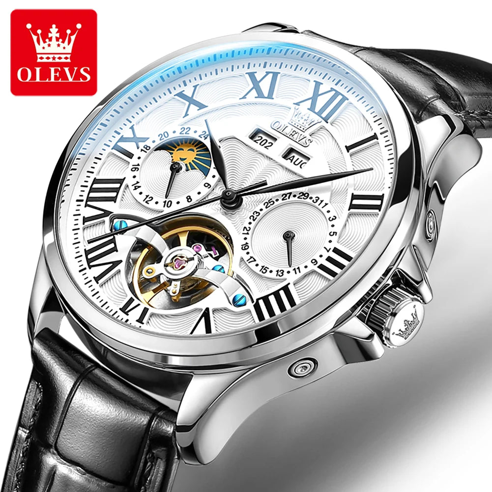 OLEVS 7013 Automatic Mechanical Watch – Moon Phase | Skeleton Dial | Roman Numerals | 3 ATM Water Resistant | Genuine Leather Strap