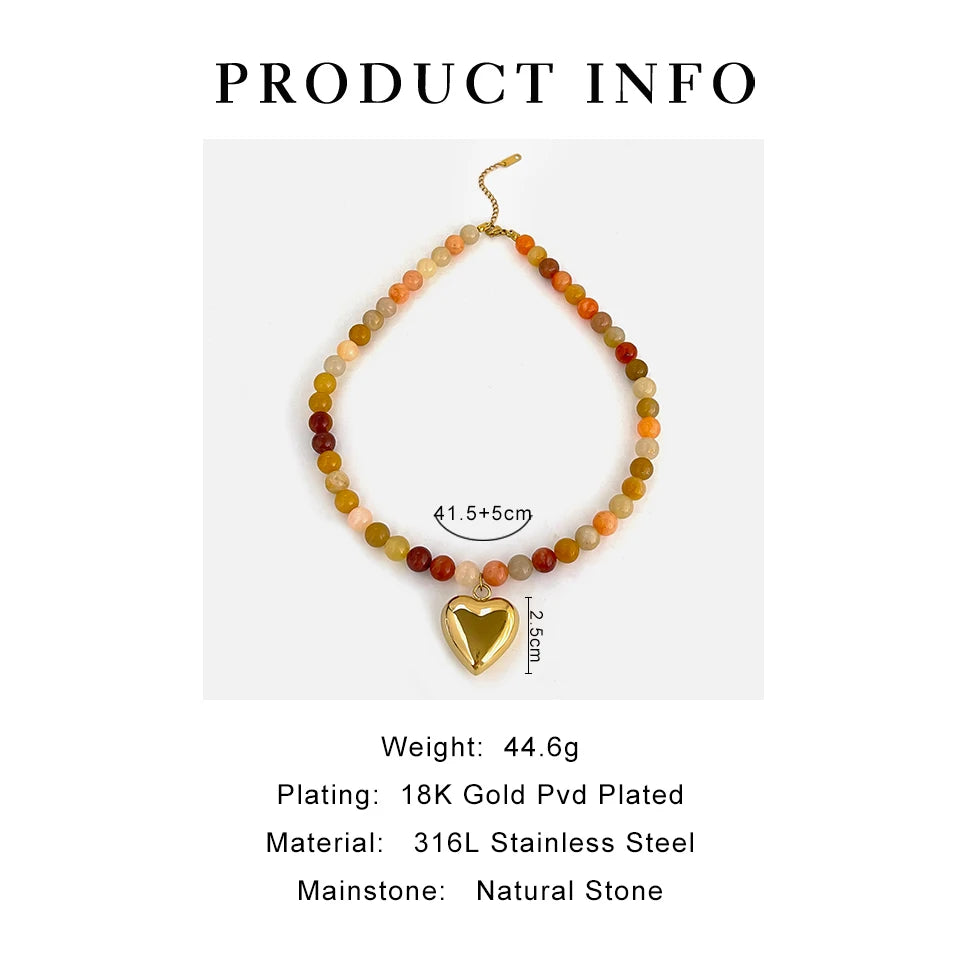 Peri'sBox Women's Multi-color Natural Stone Beaded Choker | Gold Plated Stainless Steel Heart Pendant | Bohemia Trendy