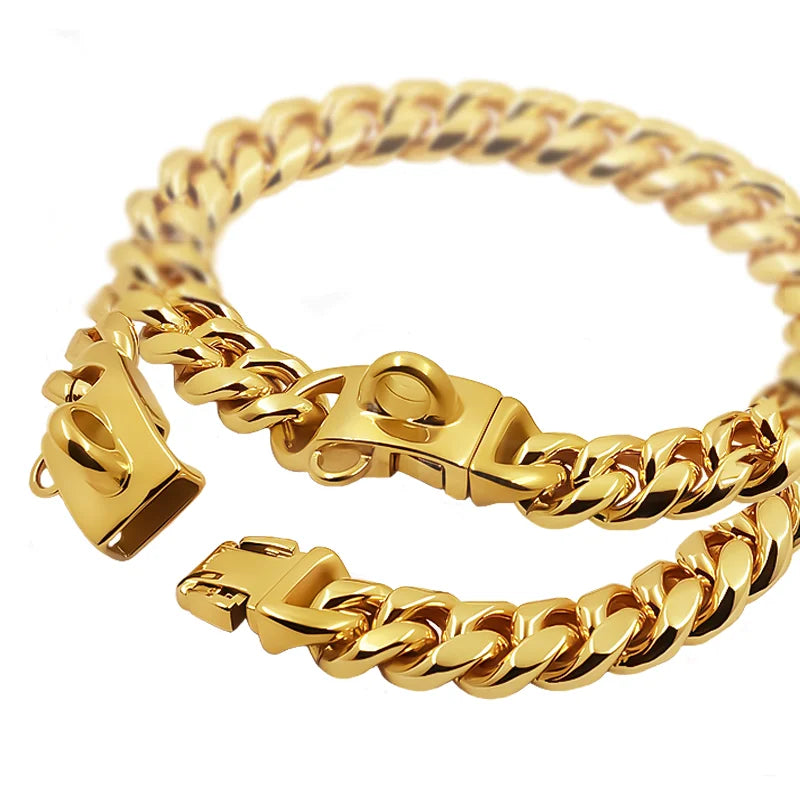 XMSJ Heavy Duty Cuban Link Dog Collar | 304 Stainless Steel, 18K Gold Plated | Quick Release Luxury Chain
