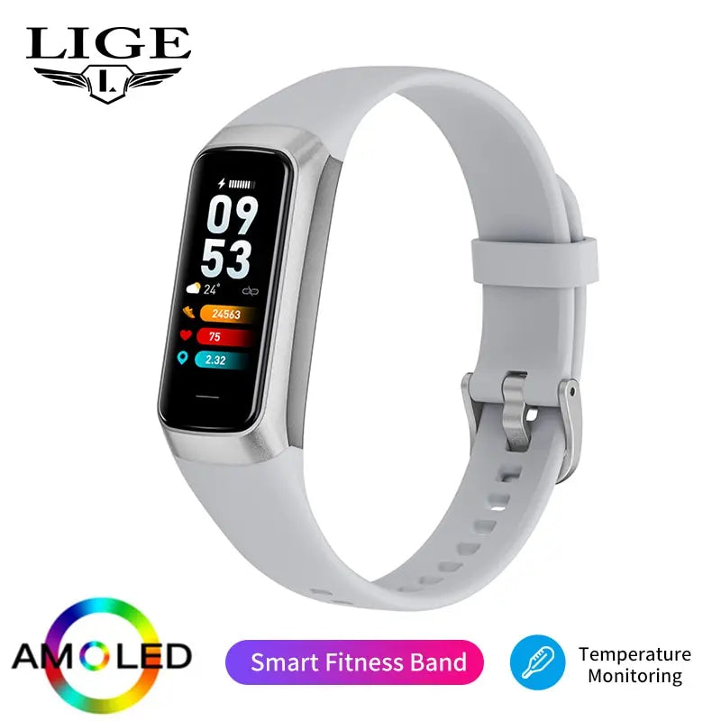 LIGE Unisex Smart Bracelet with AMOLED Display, Heart Rate, Blood Pressure and Physical Activity Monitor, Waterproof.
