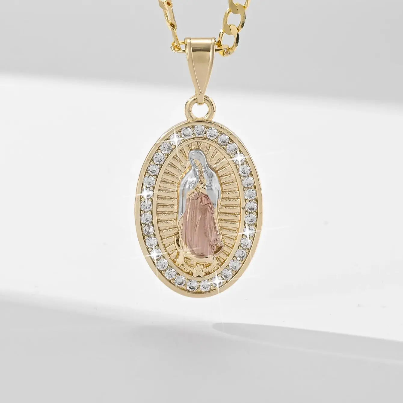 Religious Oval Pendant Necklace | Gold Plated Virgin Mary & Zirconia Halo | Blade Chain Catholic Jewellery