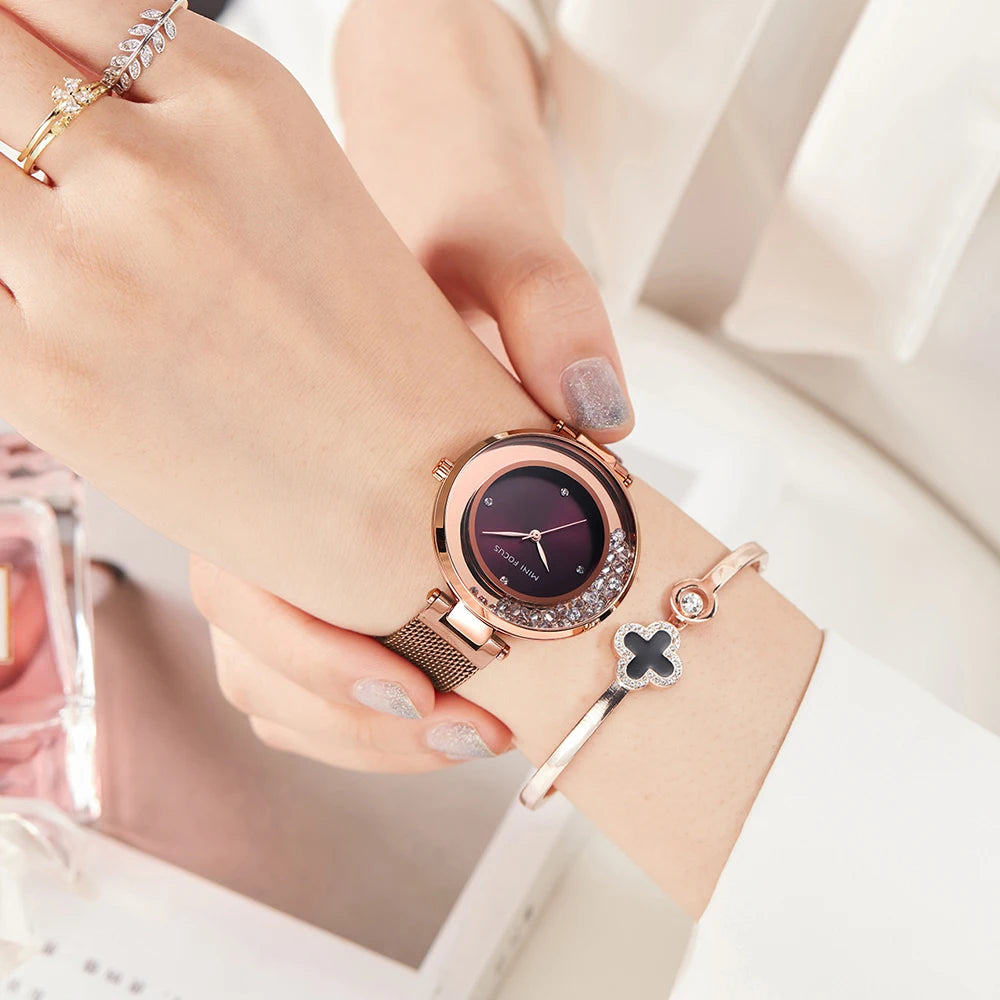 MINI FOCUS MF0254L Women's Quartz Watch | Floating Rhinestone Dial | Rose Gold Mesh Band | Luxury Style