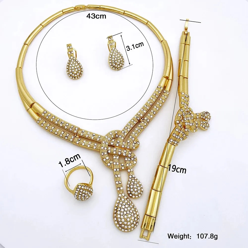 GZJPEI Dubai Gold Plated Jewellery Set | Women's Big Statement Necklace, Bracelet, Earrings & Ring | Party Fashion