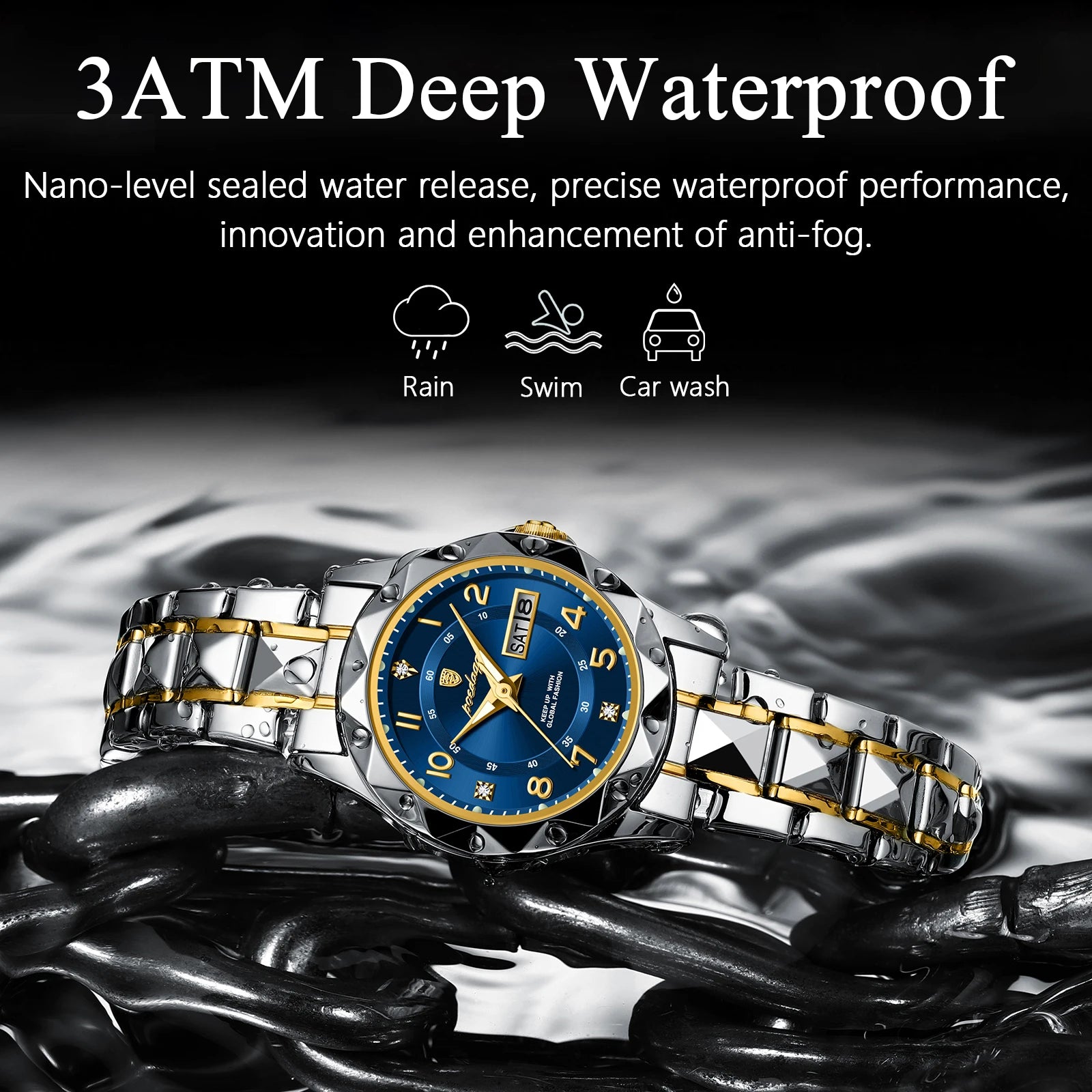 POEDAGAR 782 Women's Quartz Watch | Diamond-Cut Bezel | Two-Tone Stainless Steel | Day/Date Display