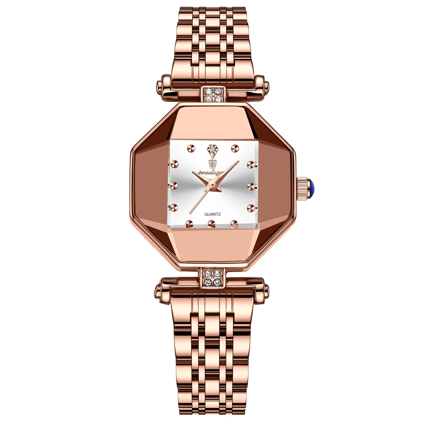 POEDAGAR 368 Women's Quartz Watch | Rose Gold Octagon Case | Ruby Red Dial | Stainless Steel Bracelet | 3ATM