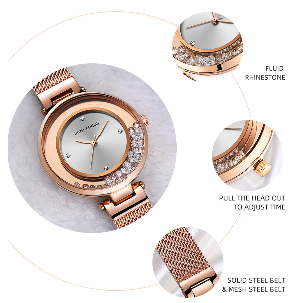 MINI FOCUS MF0254L Women's Quartz Watch | Floating Rhinestone Dial | Rose Gold Mesh Band | Luxury Style