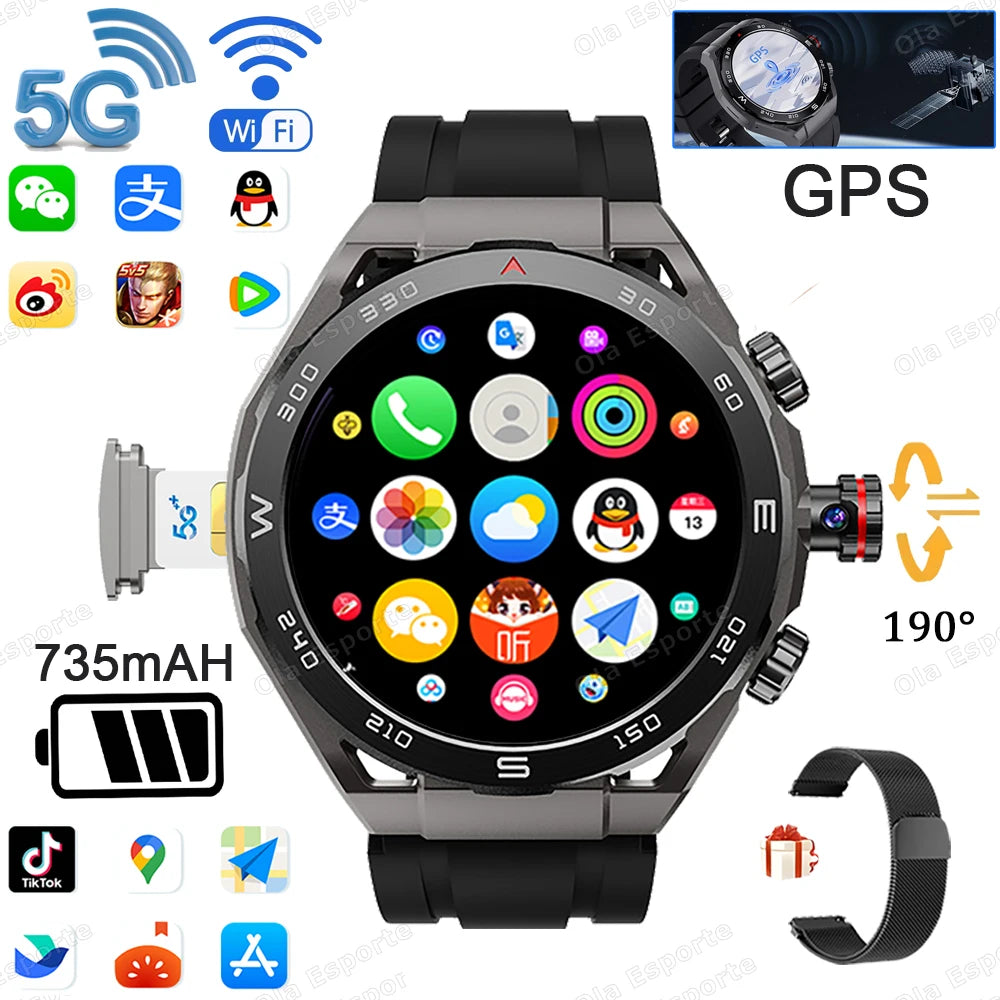 2025 Unisex GPS Smartwatch, 4GB of RAM + 64GB of Storage, 750mAh Battery, 5G Calls, Camera, and IP68 Water Resistance.