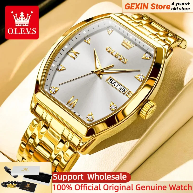 OLEVS 5528 Men's Classic Luxury Watch, Quartz Movement, Luminous, Tonneau-shaped Dial, Top Quality, Water Resistant