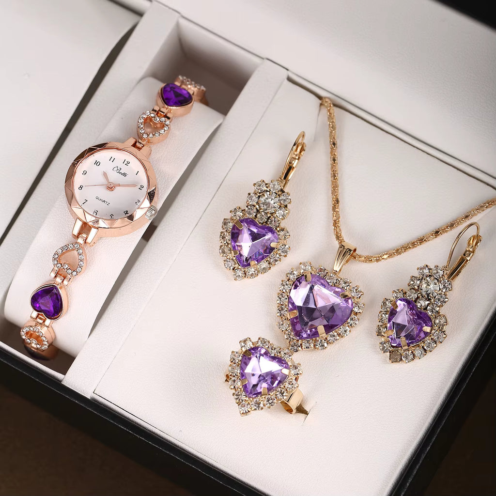 Premium Women's 4-Piece Set 2025 – Quartz Watch, Necklace, Ring and Earrings with Crystals