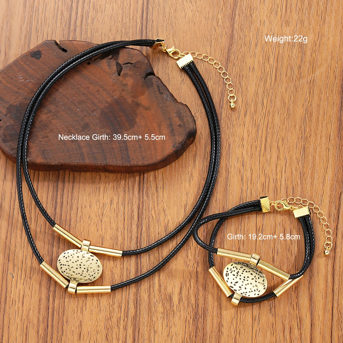 Vintage Faux Leather and Metal Oval Necklace and Bracelet for Women, Gold and Silver, 2 Pieces with Double Layer Chain