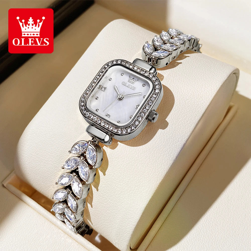 OLEVS 9987 Women's Luxury Quartz Watch | Marquise Gemstone Bracelet | Mother-of-Pearl Dial | Gold Tone Square Case