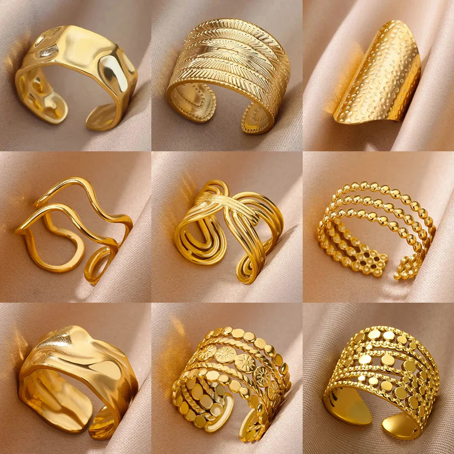 HPTOTMG Women's 18K Gold Plated Adjustable Rings | Stainless Steel Geometric Statement Jewellery | Trendy Wide Band