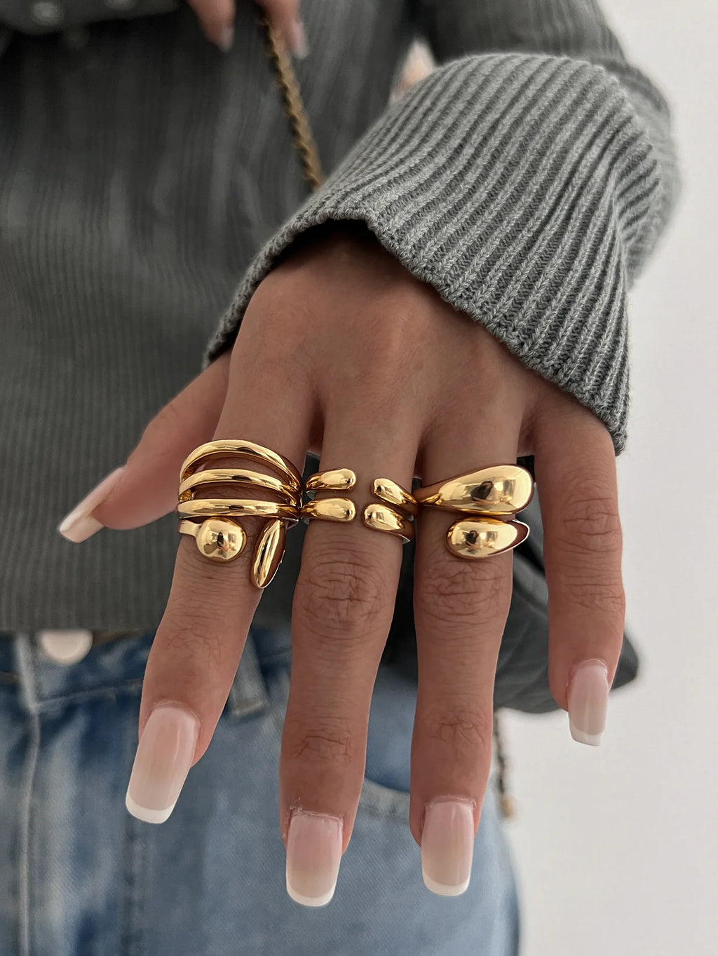 DIEZI 4Pcs Adjustable Gold Ring Set | Sculptural Fluid Statement Rings | Midi Knuckle Joint Jewellery