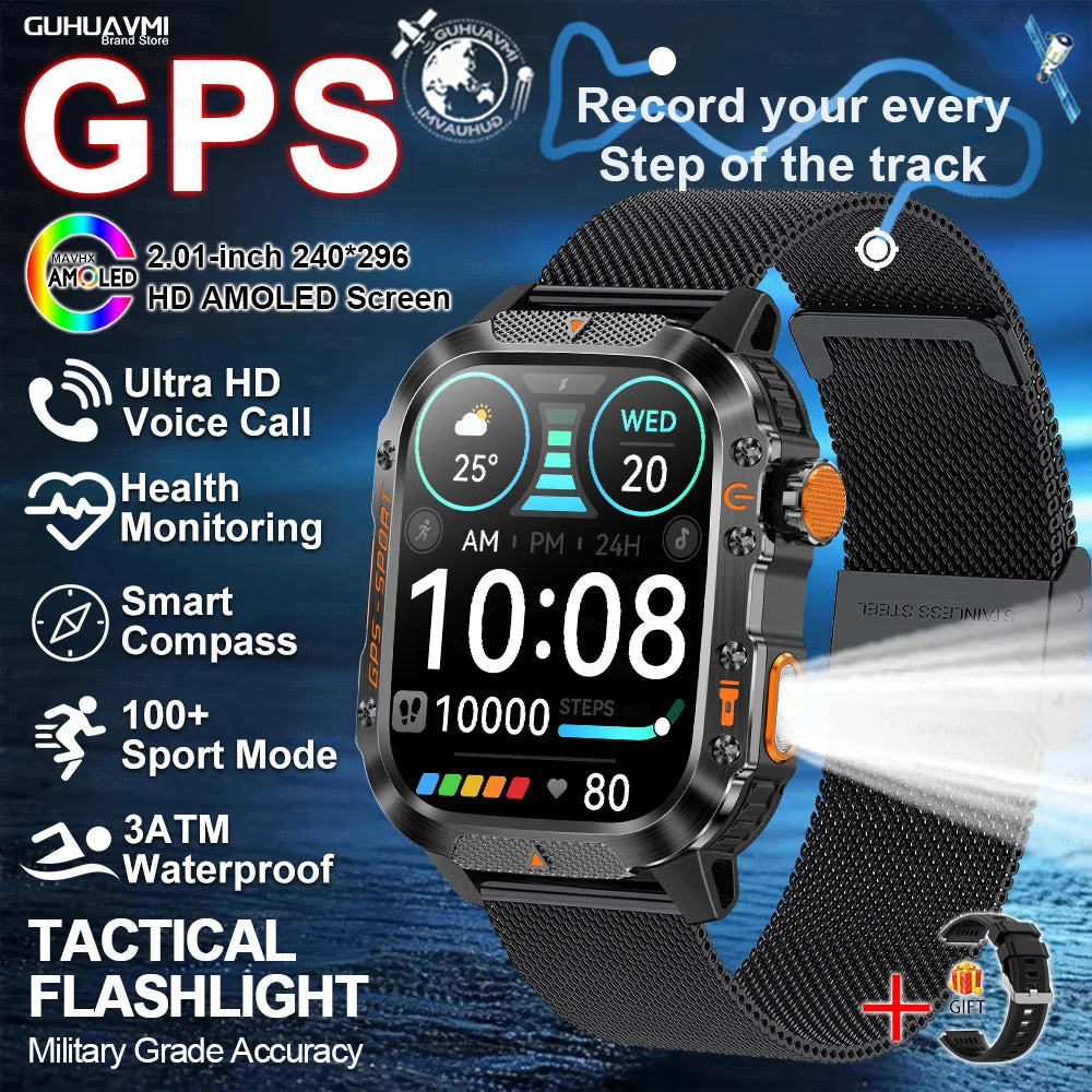 Smartwatch with GPS | GUHUAVMI HT36 Military Style | 2.01” HD AMOLED Screen | Water resistant up to 10 ATM | 540 mAh battery