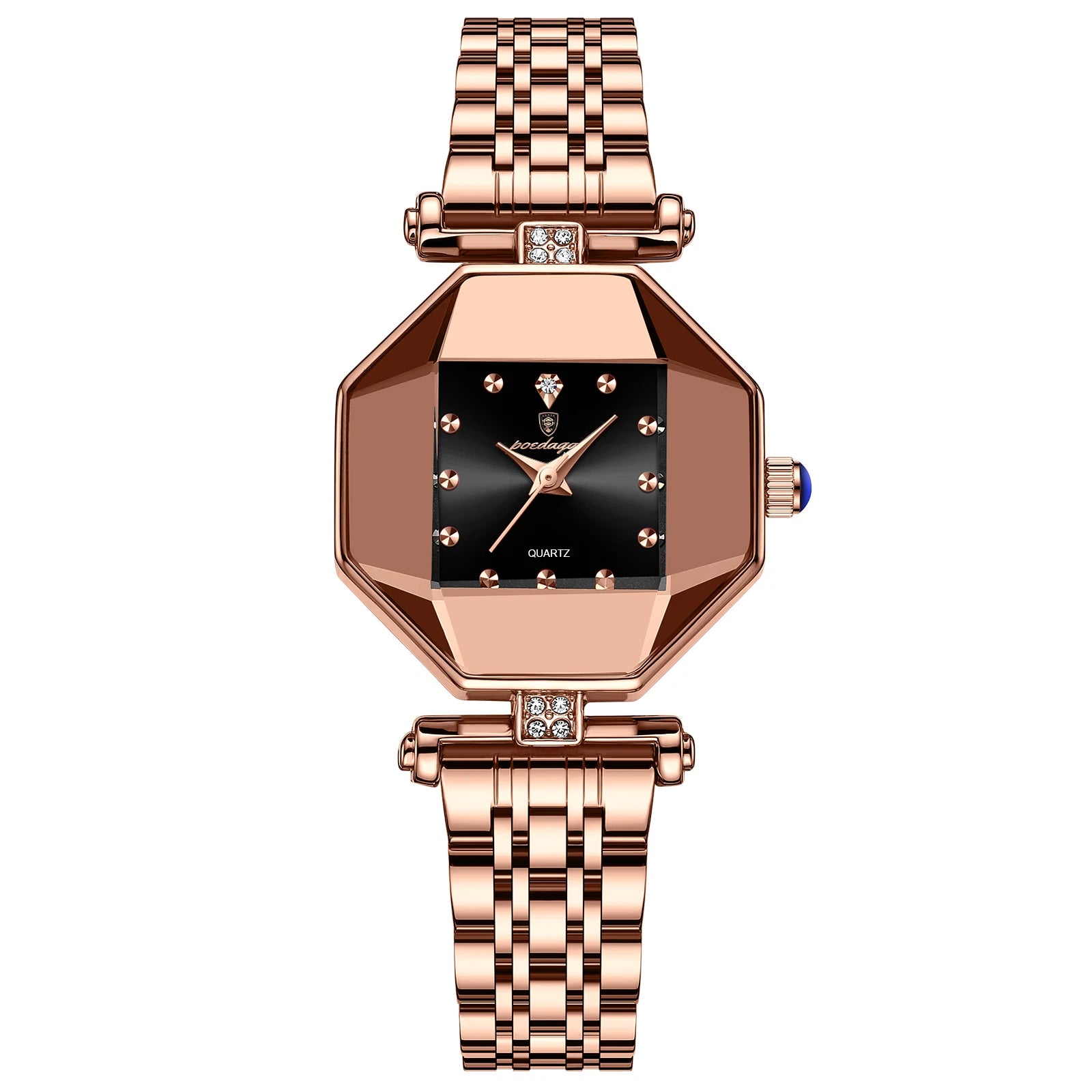 POEDAGAR 368 Women's Quartz Watch | Rose Gold Octagon Case | Ruby Red Dial | Stainless Steel Bracelet | 3ATM