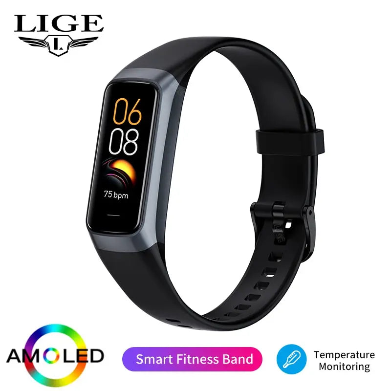 LIGE Unisex Smart Bracelet with AMOLED Display, Heart Rate, Blood Pressure and Physical Activity Monitor, Waterproof.